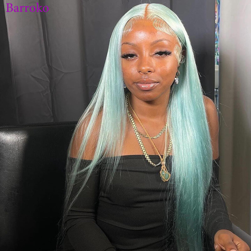 Barroko Lake Green Colored Remy Hair Straight Transparent Lace Frontal Human Hair Wigs 180% Pre Plucked Hair Brazilian For Women