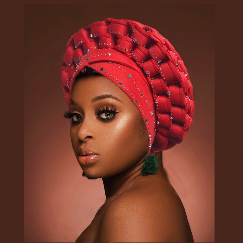 Africano Headtie Rhinestone Turbante para Mulheres, Auto Gele Chapéus, Envoltórios Cabeça Preta, Bonés de Casamento Nigerianos, Chapéu Headwear Festa