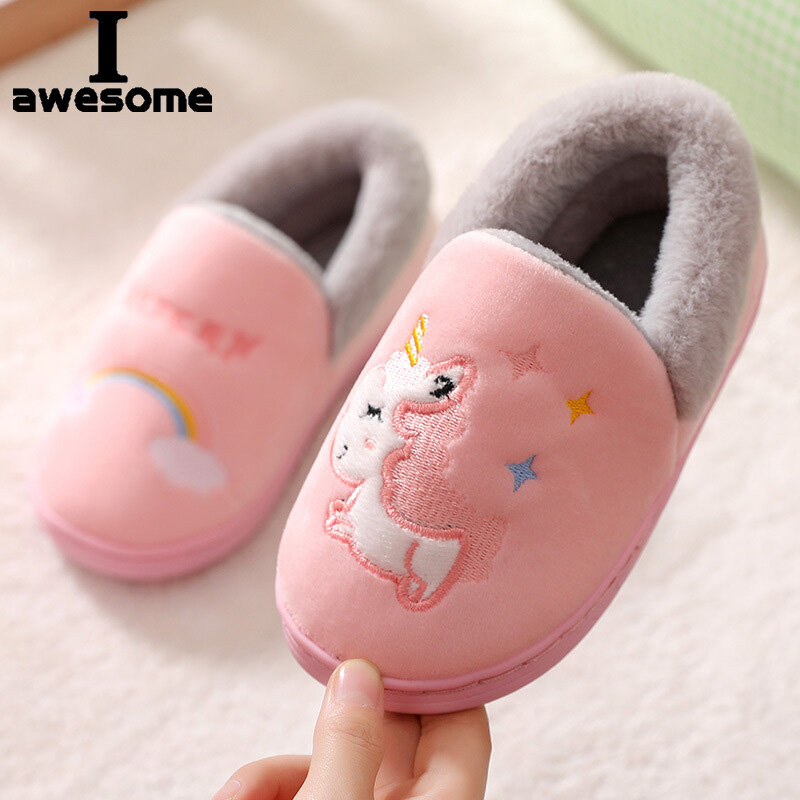 New Unicorn Kids pantofole per Toddler Boys Indoor Shoes Baby Girl Fur Slides Cotton Flip Flop Warm Winter House pantofola per bambini