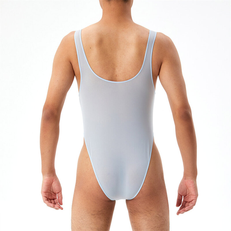 Sexy Heren Ultradunne Mesh Transparante Bodysuit Mouwloze Hoge Uitgesneden Jumpsuits Ondergoed Ademende Slanke Romper Erotische Lingerie