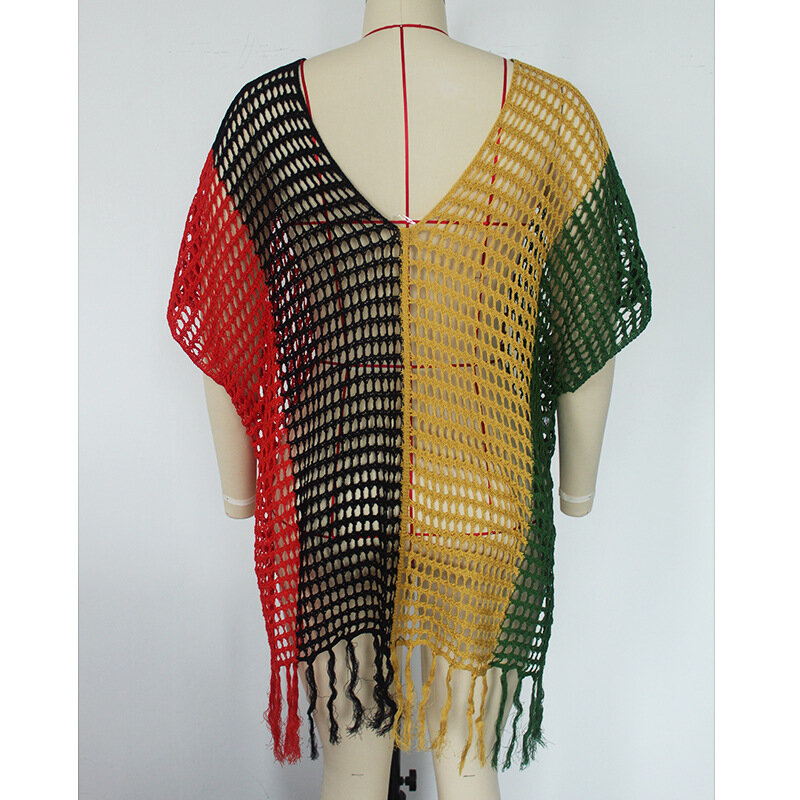 Biquíni de crochê multicolorido feminino, vestido de praia sexy com cintura oca, maiô da temporada, moda verão, borla, 2024