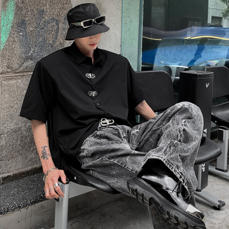 Harajuku Männer Hemden Knopf solide reine Hip Hop Ins Sommer Chic koreanischen Stil Design All-Match lässig Top Turn-Down Kragen Retro