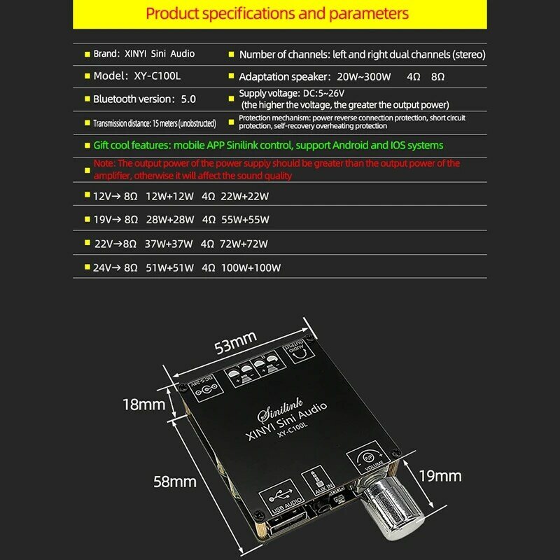 ハイパワーデジタルステレオアンプパネル,hifi,Bluetooth 5.0, AUX, USB,ホームシアターアンプ,XY-C100L,100wx2