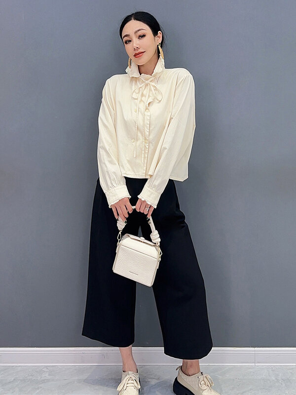 SHENGPALAE 여성용 긴팔 레이스 칼라 셔츠, 짧은 루즈핏 패션, 우아하고 귀여운 나이 감소, 다목적, 2024 용수철 신상, 5R9567