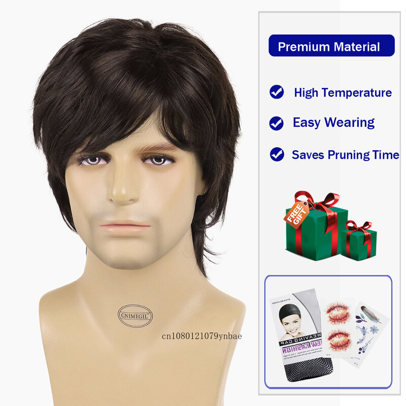 Synthetic Hair Black Wigs with Bangs for Men Male Guys Short Natural Daddy Wig High Temperature Fiber Daily Party Costume Casual