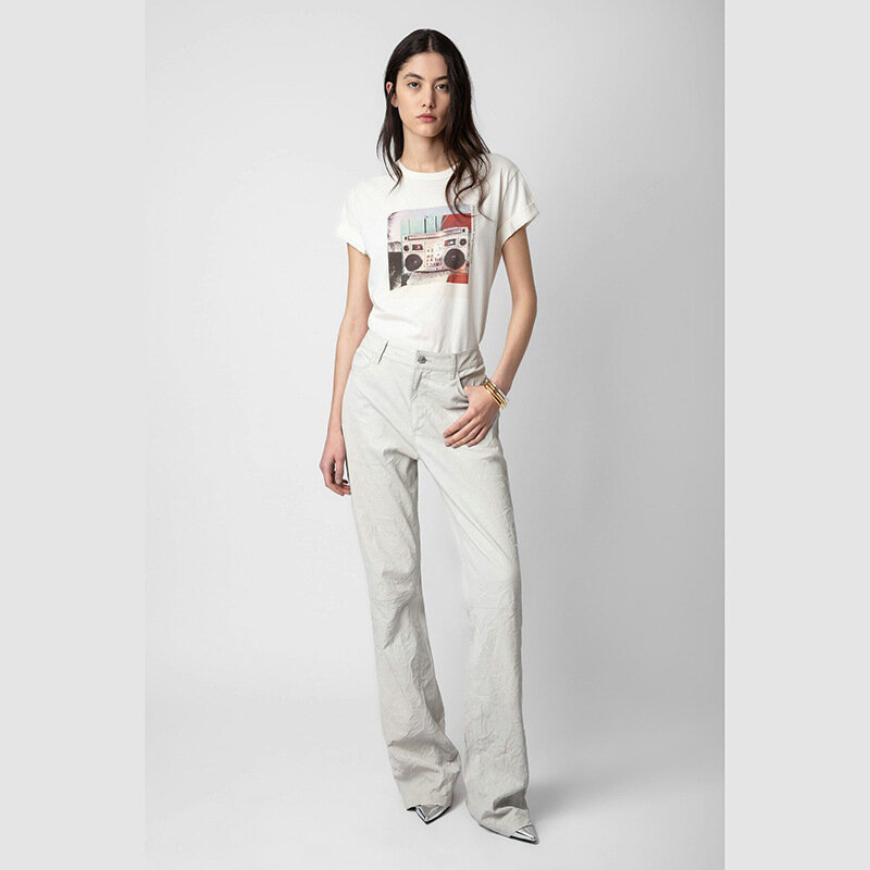 Neuankömmling Französisch ZV Radio Sound Digitaldruck Baumwolle Roll-Up-Ärmel Damen T-Shirt für den Sommer