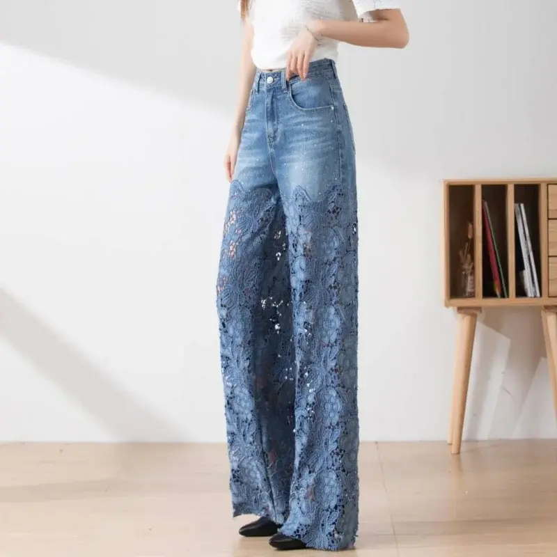 Jeans eleganti alla moda per le donne Pantalones Patchwork di pizzo a vita alta scava fuori pantaloni larghi casuali primaverili oversize