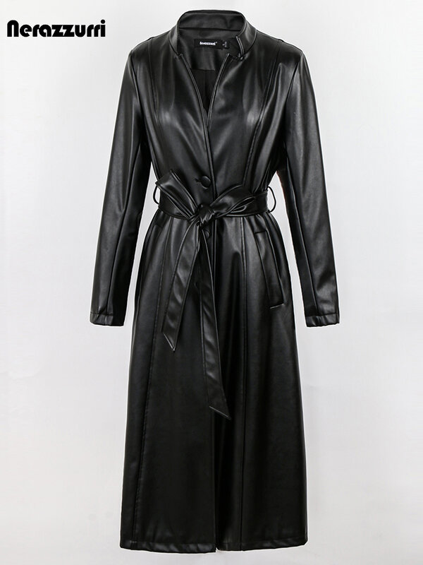Nerazzurri-casaco longo de couro PU preto para mulheres, faixas de peito único, roupas macias, luxo de alta qualidade, primavera, outono, 2023