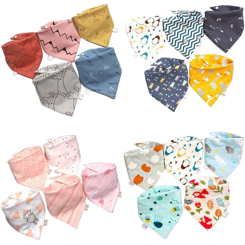 Baberos de algodón con dibujos animados para bebé, bufanda triangular de 5 piezas, babero absorbente con broches, toalla impermeable