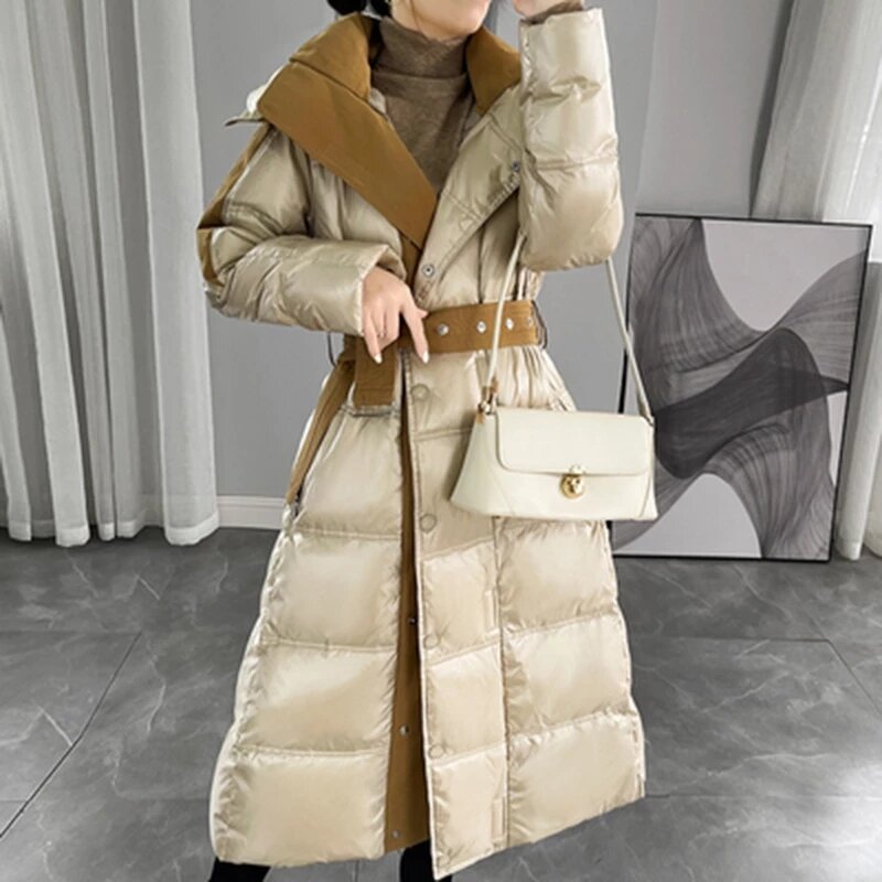 Kobiety puchowa, długa kurtka zimowa 90% biały płaszcz z kaczego puchu podwójne piersi ciepłe parki śnieżna odzież wierzchnia