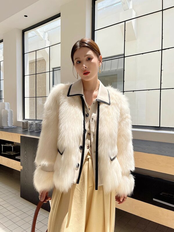 Fur Coat for Women Polo Collar Lace-up Color Matching Thickened Warm Belly Fur High-End Overcoat Winter down Feather plus Cotton