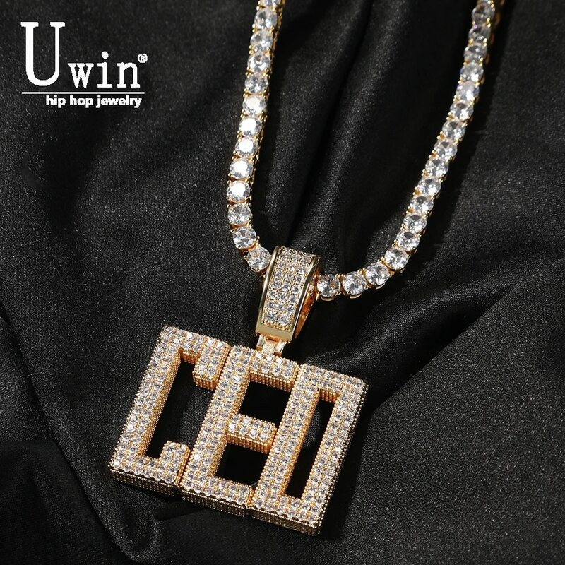 Uwin Custom Personalized Name Pendant Block Letters Initial Name Necklace With Tennis Chain Iced Out Cubic Zircon Hiphop Jewelry