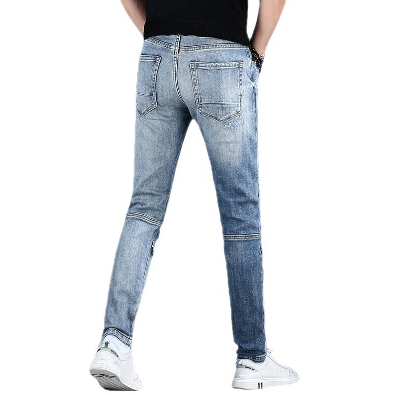 Jeans retrô rasgado masculino, ajuste justo, amarrado no tornozelo, calça comprida casual, costura, estilo coreano, lavado nostálgico