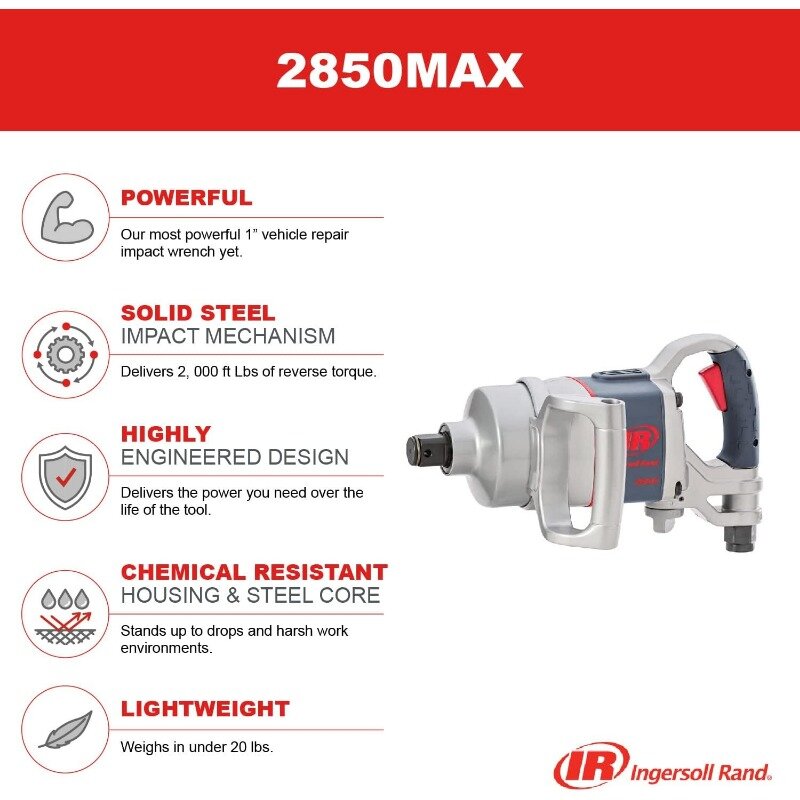 Ingersoll Rand 2850MAX 1” Drive Air Impact Wrench, Powerful Vehicle Repair Torque Output Up to 2,100 ft/lbs, Lightweight