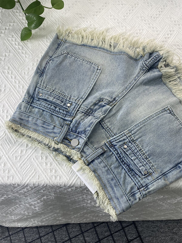 Damskie luźne jeansowe szorty niebieskie wysoki stan szerokie szorty Harajuku koreańskie Y2k casualowe frędzle a-line krótkie spodenki dżinsowe lato 2023