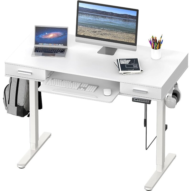 SHW meja listrik 48 inci, tinggi dapat disesuaikan dengan baki Keyboard dan dua laci