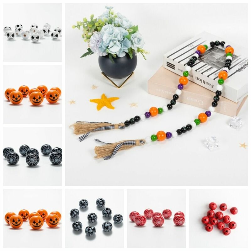 10 buah kepala labu Halloween Ronud manik-manik buatan tangan warna-warni kayu manik-manik tengkorak Halloween Grimace Beads Ronud Beads Grimace