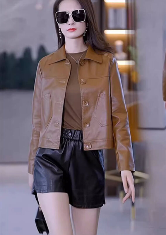 2023 w stylu Casual krótki prawdziwy płaszcz skórzany dla kobiet jesień i zima nowy luźny i smukły koreański kurtka z wełny ze strzyży płaszcz dla Wom