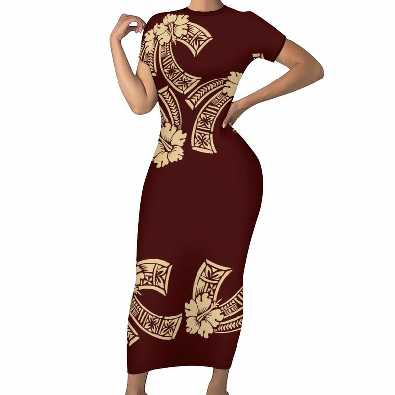Sommer sexy Slim-Fit langes Kleid Rundhals ausschnitt elegantes Bankett kleid weicher Stoff polynes ischen Damen kleid benutzer definierten Blumen druck