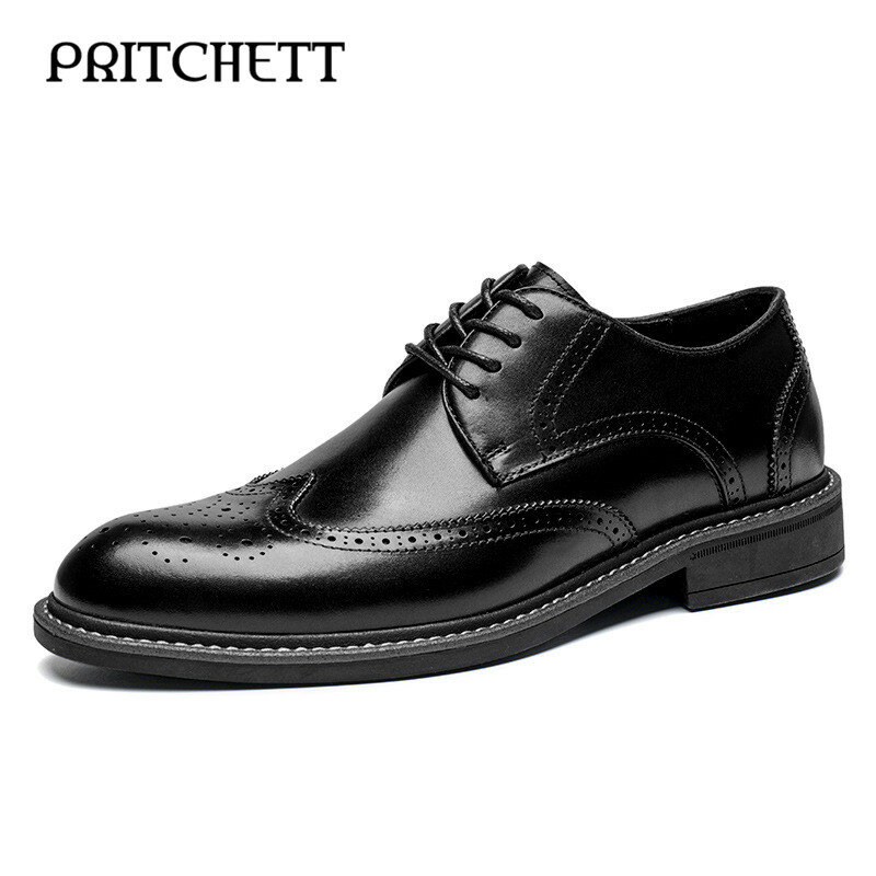 Sepatu kulit asli untuk pria, sepatu kulit hitam asli sol lembut buatan tangan, sepatu kasual bisnis baru modis Brogue