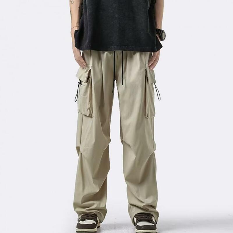Męskie proste nogawki w jednolitym kolorze męskie spodnie męskie spodnie Cargo z wieloma kieszeniami ze sznurkiem, elastyczna talia na zewnątrz