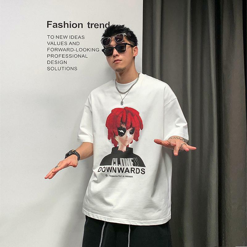 Camiseta estampada masculina de manga curta, top coreano estilo universitário, casual, solta, marca de moda verão, tendência de nicho