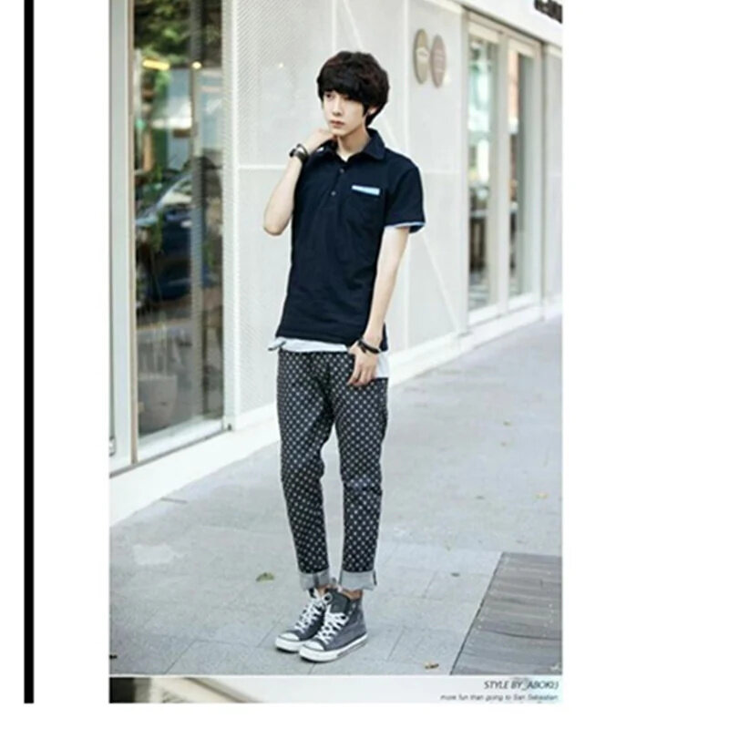 Celana panjang jins Harlan versi Korea, celana panjang Jin ukuran besar titik gelombang bulat kepribadian pria