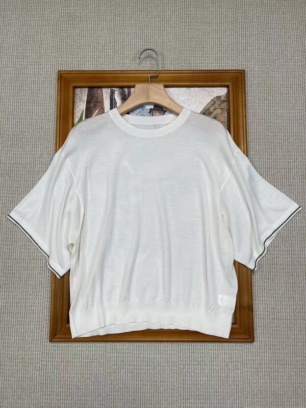 Летняя шелковая шерстяная вязаная Свободная трикотажная блузка с круглым вырезом и коротким рукавом