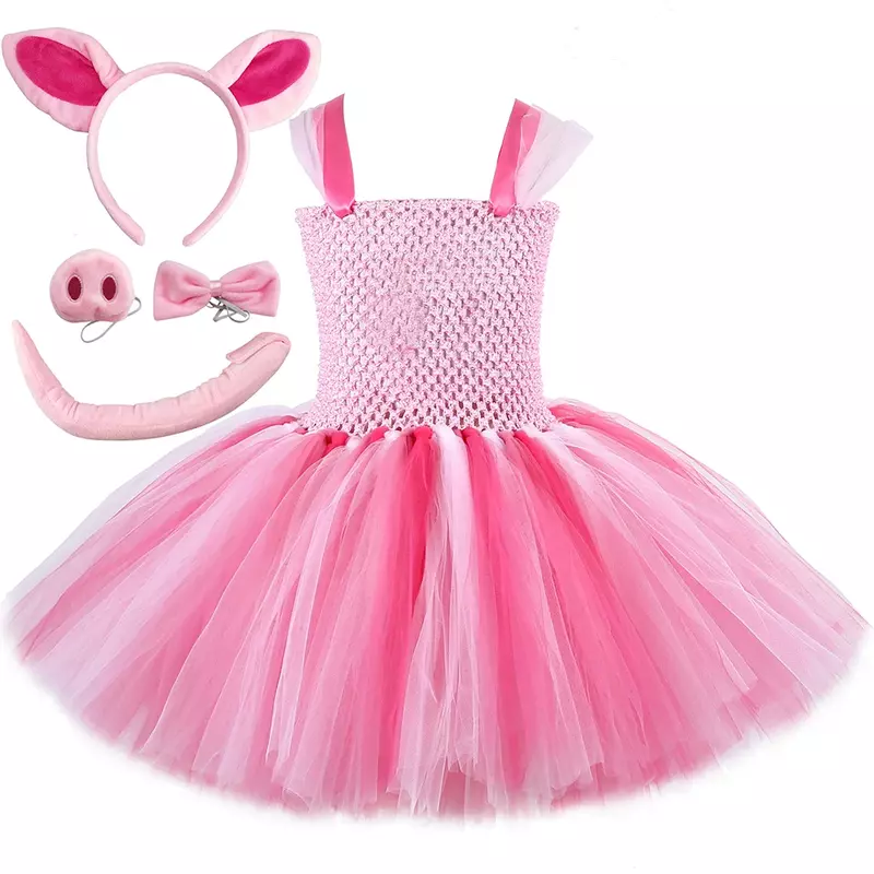 Conjunto de vestido tutu de porco rosa, fantasia de desenho animado para cosplay, halloween, 1-14 anos, elegante, meninas, festa de aniversário, vestido de princesa tule