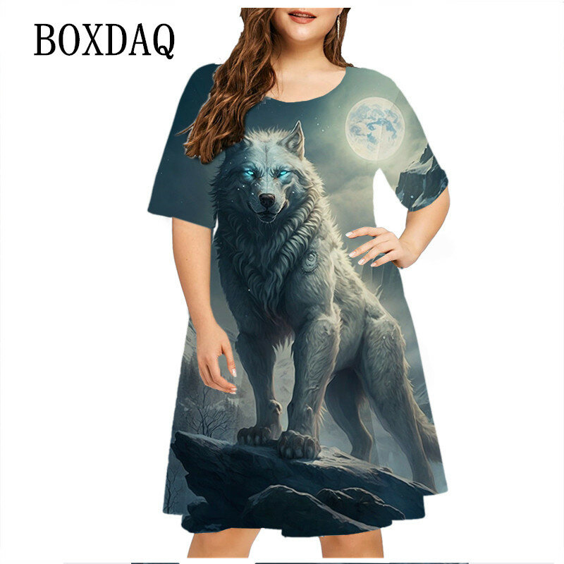Oversized Dresses For Women Wolf Print Streetwear Fashion Short Sleeve Punk Woman Clothes Plus Size Clothing Summer Female Dress