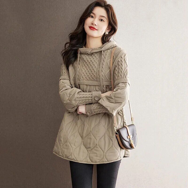 Fashion Down Cotton Jacket Women Knitting Coat Thin Hooded Female Parker Outerwear Knitted Cotton Fake Two Pieces Padded Jackets