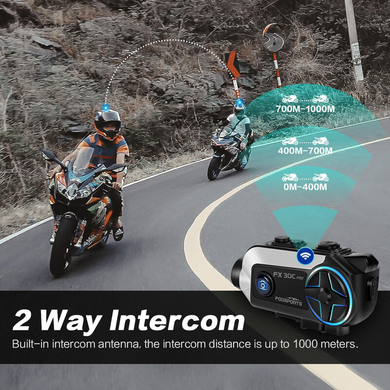 Fodsports-Interphone FX30C Pro pour casque de moto, appareil de communication avec caméra DVR, enregistreur vidéo, partage de musique, 2 motocyclistes, portée 1000m, radio FM