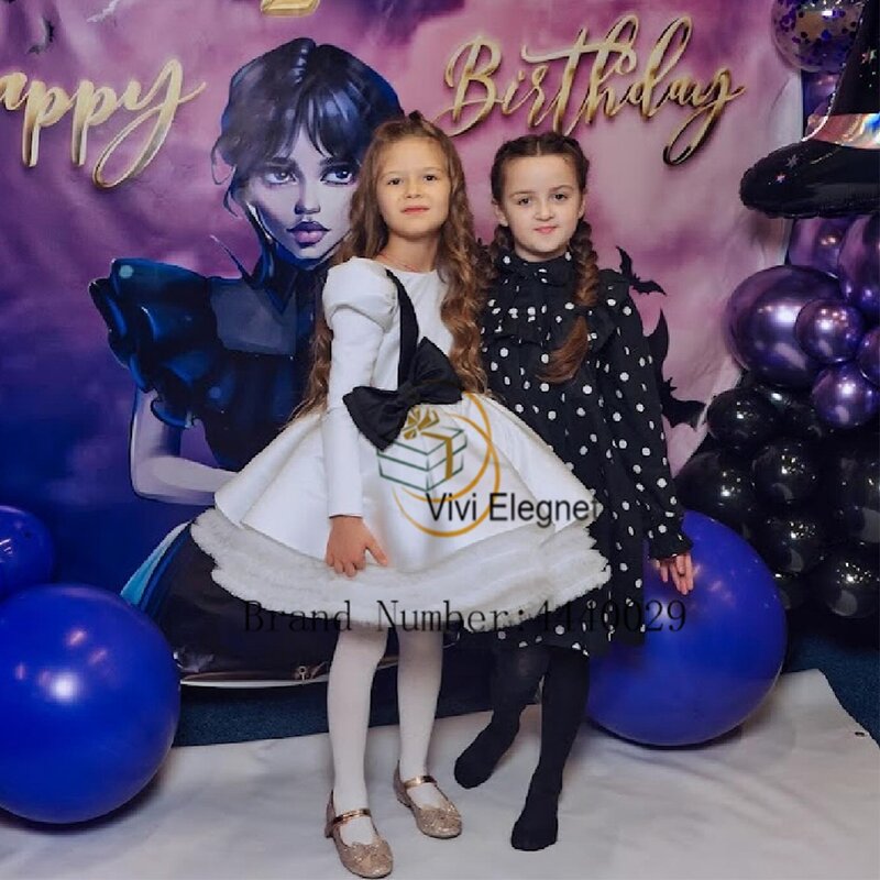 Exquisite Full Sleeve Flower Girls Dresses with Black Bow 2024 Tiered Scoop Christmas Gowns for Princess فلور فتاة اللباس