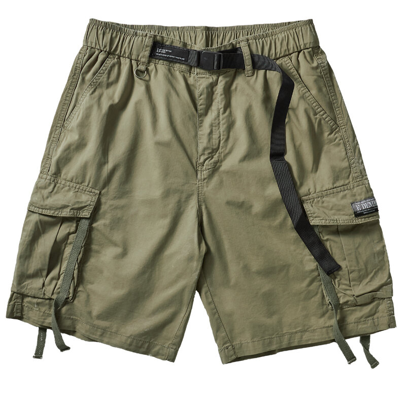 Pantalones cortos de carga de tejido Retro americano para hombre, 100% algodón, lavados, sueltos, con múltiples bolsillos, informales, de cinco puntos con cinturón