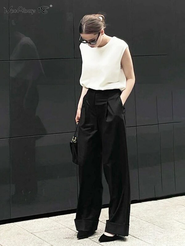 Mnealways18 весенне-летние черные женские офисные брюки, женские брюки с высокой талией и карманами, женские плиссированные широкие брюки, однотонные 2024