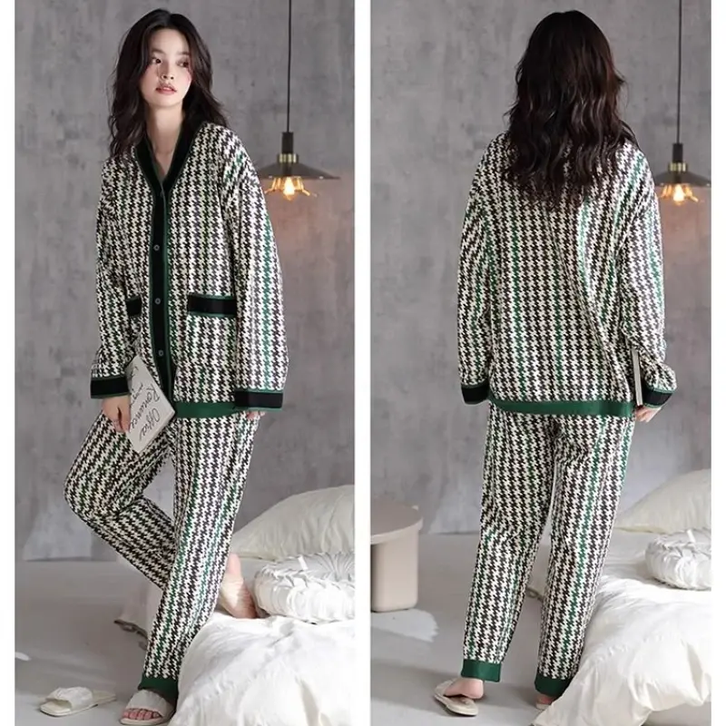Women's Pajamas Set Thousand Birds Check Texture Korean Fashion Spring and Fall Long-sleeved Cardigan Elegant Sleepwear Homewear