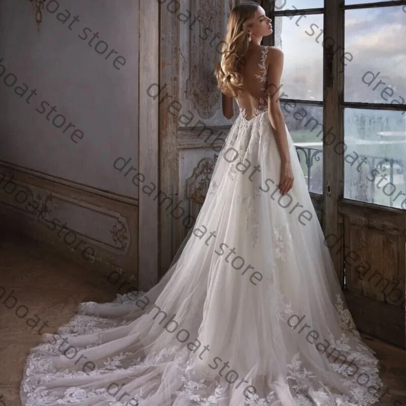 Charming A Line Wedding Dress Tulle V Neck With Lace Applique Spaghetti Straps Sleeveless With Sexy Backless Vestido De Novia