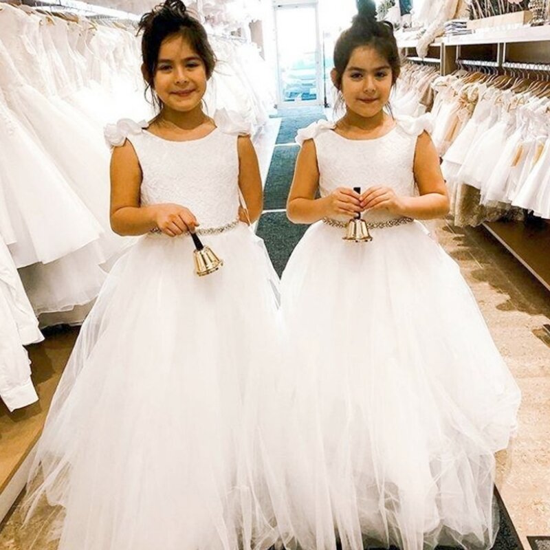 Кружевное белое Тюлевое платье принцессы с открытой спиной и цветочным принтом для девочек, платья для детей на свадьбу, вечеринку, день рождения, красивое платье для конкурса и первого причастия
