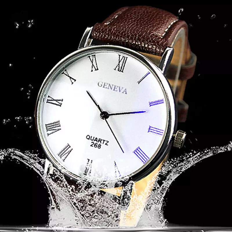 Горячая Распродажа, новинка 2024, искусственная кожа, кварцевые аналоговые деловые наручные часы с римскими цифрами, Blu-Ray