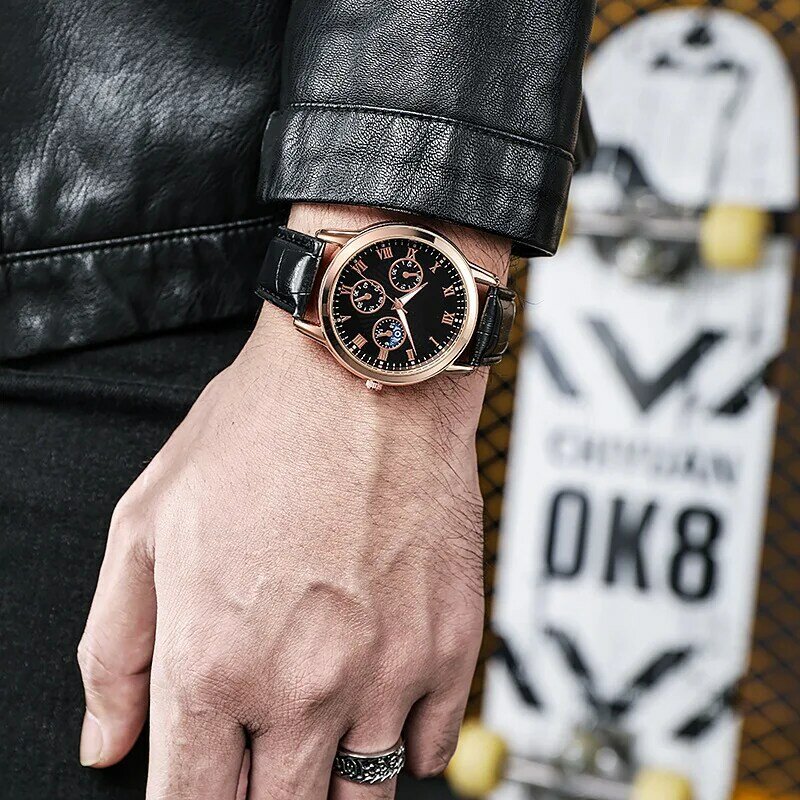 Jam tangan Quartz pria tali kulit, jam tangan mewah multifungsi bisnis olahraga tali kulit tiga mata