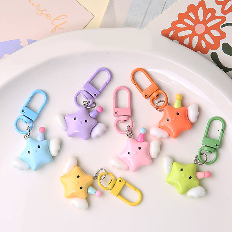 Anime Lovely Star Wings Keychain Sweet Girl Student School Bag Pendant Friend Gift Five Point Star Jewelry For Girls Kids Gifts