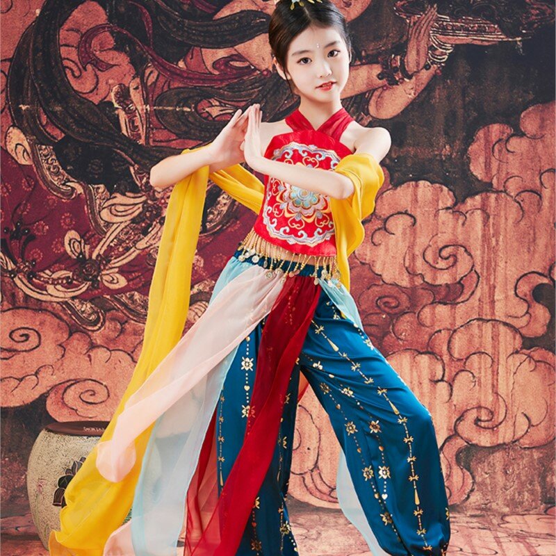 Dunhuang kostum dansa Hanfu Rima kuno anak-anak perempuan yang lebih tua kinerja eksotis gaya etnik klasik