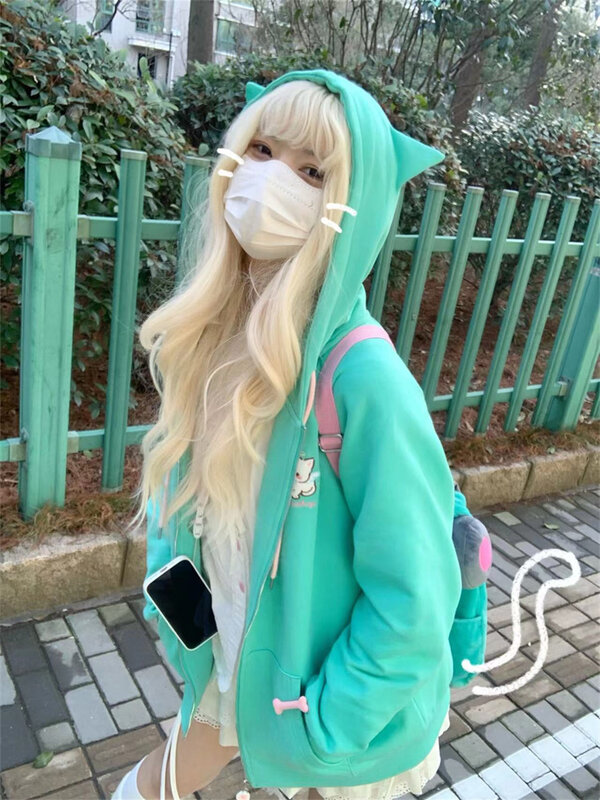 Qweek Harajuku Kawaii Reiß verschluss Hoodie Frauen Katzen ohr Japanisch Y2K süße Kapuzen jacke übergroße süße Lolita Stil Girly Sweatshirts