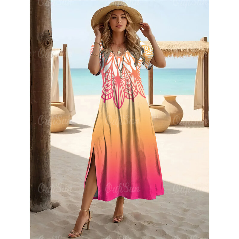 Summer Tie-Dye Womens Dresses Pure Colour Gradient 3d Print Woman A-Line Skirt V-Neck Oversize Women's Clothing Elegant Dresses