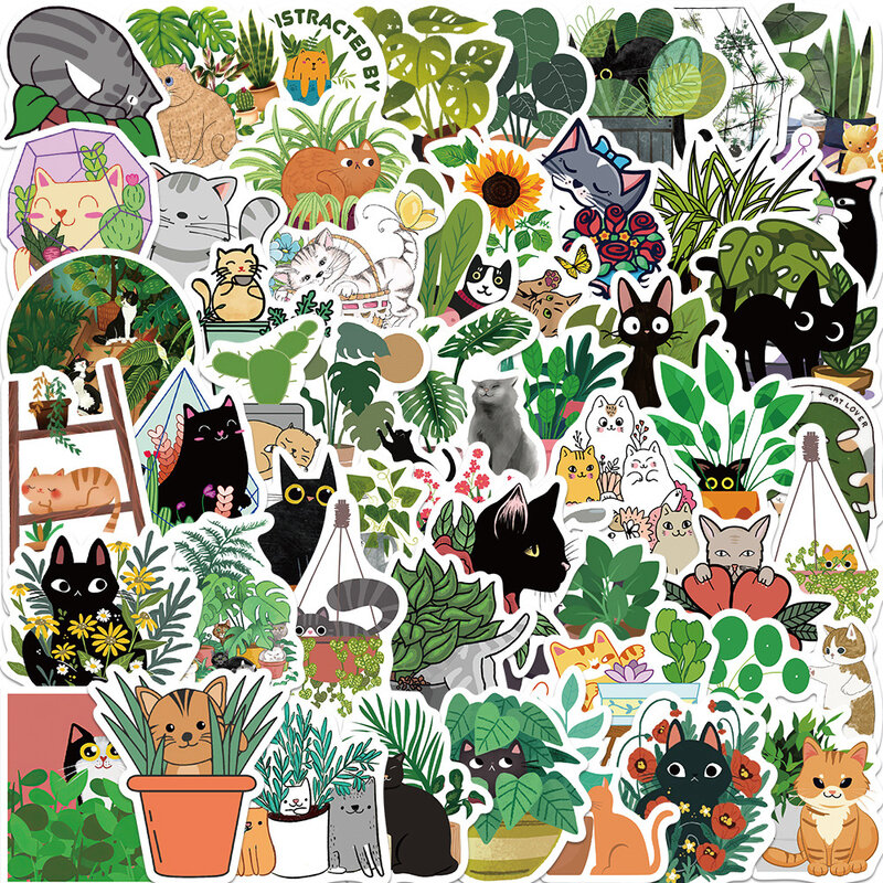 재미있는 만화 고양이와 식물 그래피티 스티커, 자전거 여행 수하물 기타 노트북 방수 멋진 스티커, 50 개