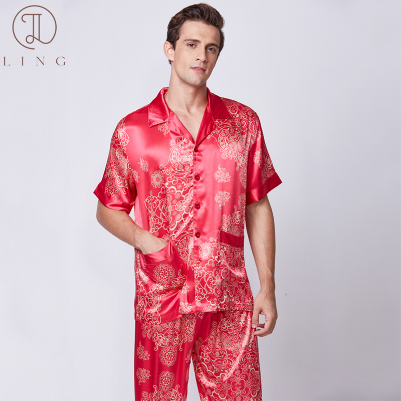 Ling-Conjunto de pijama de satén de seda para hombre, ropa de dormir de media manga, conjuntos de dos piezas, M-XXXL de cintura elástica de talla grande