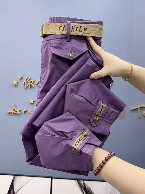 Calça casual solta feminina, calça monocromática, botões de metal de algodão, alta qualidade, outono, 2023