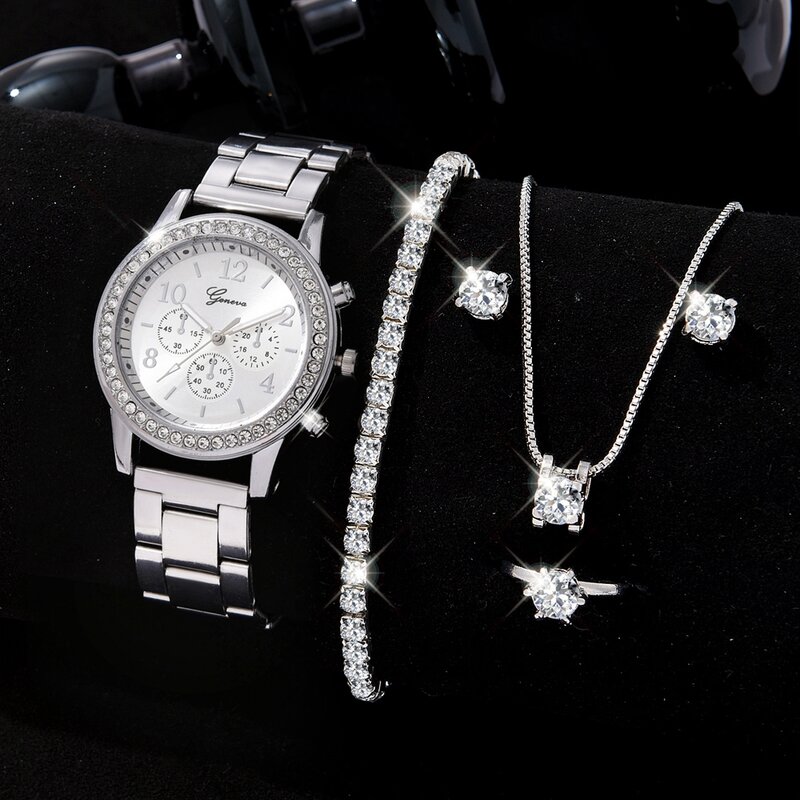 Conjunto de 6 piezas de reloj de lujo para mujer, anillo, collar, pendientes, diamantes de imitación, reloj de pulsera informal para mujer