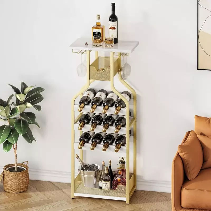Metal Wine Rack Wine Bottle Holders Stands Freestanding, Storage Organizer Display Rack Table for Bar Kitchen Dining Living Room