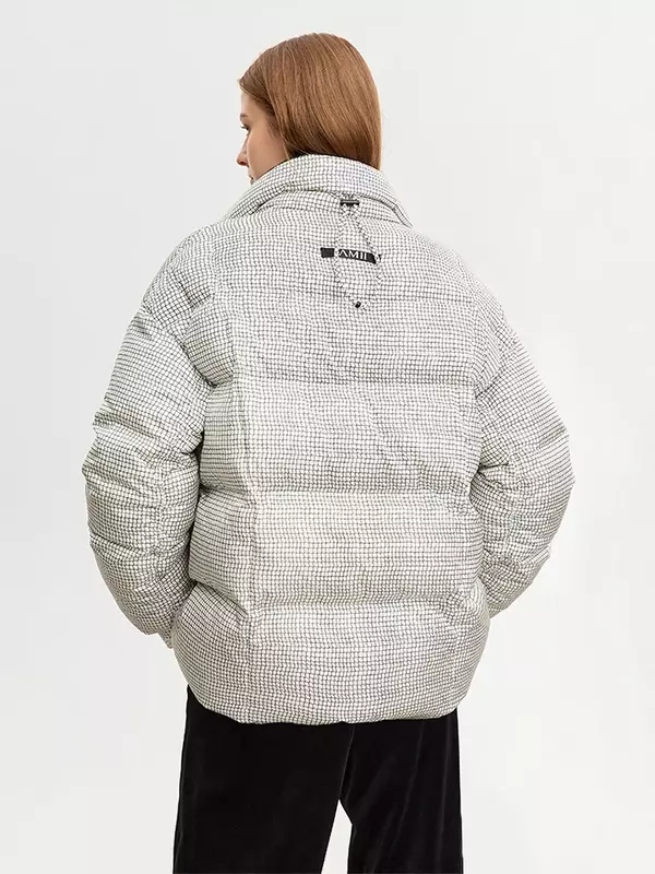 AMII 여성용 깅엄 화이트 덕 다운 코트, 2023 겨울 루즈 다운 재킷, 하이 스탠드 칼라, 두껍고 따뜻한 겉옷, 여성 12344054